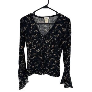 Vtg Charlotte Russe 90s Black Floral Lace Bell Sleeve V Neck Babydoll Whimsigoth
